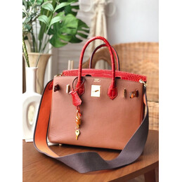 Replica Hermes Brown Red Birkin 30 Crocodile Leather Trim Gold Hardware Bag