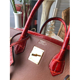 Replica Hermes Brown Red Birkin 30 Crocodile Leather Trim Gold Hardware Bag