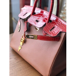 Replica Hermes Brown Red Birkin 30 Crocodile Leather Trim Gold Hardware Bag