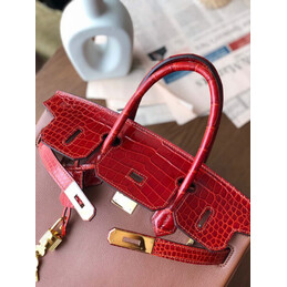 Replica Hermes Brown Red Birkin 30 Crocodile Leather Trim Gold Hardware Bag
