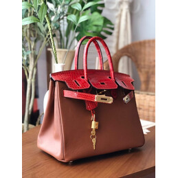 Replica Hermes Brown Red Birkin 30 Crocodile Leather Trim Gold Hardware Bag