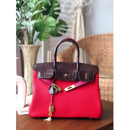 Replica Hermes Red Brown Birkin 30 Crocodile Leather Trim Gold Hardware Bag