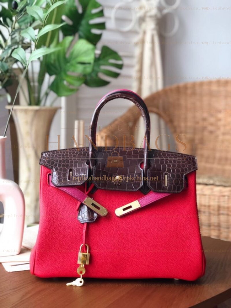 Replica Hermes Red Brown Birkin 30 Crocodile Leather Trim Gold Hardware Bag