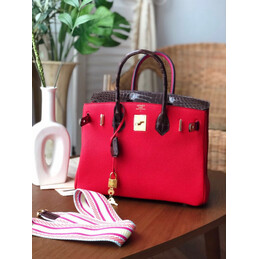 Replica Hermes Red Brown Birkin 30 Crocodile Leather Trim Gold Hardware Bag