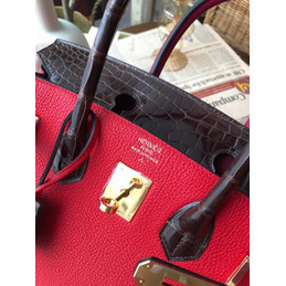 Replica Hermes Red Brown Birkin 30 Crocodile Leather Trim Gold Hardware Bag