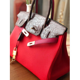 Replica Hermes Red Brown Birkin 30 Crocodile Leather Trim Gold Hardware Bag
