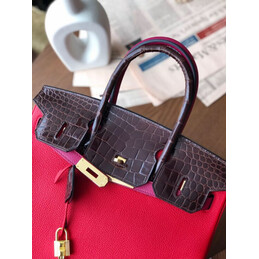 Replica Hermes Red Brown Birkin 30 Crocodile Leather Trim Gold Hardware Bag