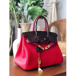 Replica Hermes Red Brown Birkin 30 Crocodile Leather Trim Gold Hardware Bag