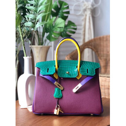 Replica Hermes Purple Teal Birkin 30 Crocodile Leather Trim Gold Hardware Bag