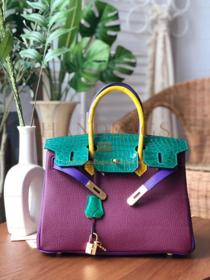Replica Hermes Purple Teal Birkin 30 Crocodile Leather Trim Gold Hardware Bag