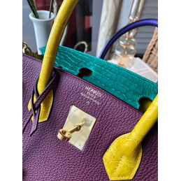 Replica Hermes Purple Teal Birkin 30 Crocodile Leather Trim Gold Hardware Bag