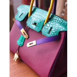 Replica Hermes Purple Teal Birkin 30 Crocodile Leather Trim Gold Hardware Bag