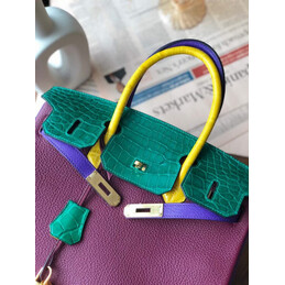 Replica Hermes Purple Teal Birkin 30 Crocodile Leather Trim Gold Hardware Bag