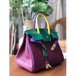 Replica Hermes Purple Teal Birkin 30 Crocodile Leather Trim Gold Hardware Bag