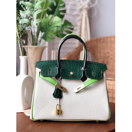 Replica Hermes White Dark Green Birkin 30 Crocodile Leather Trim Gold Hardware Bag