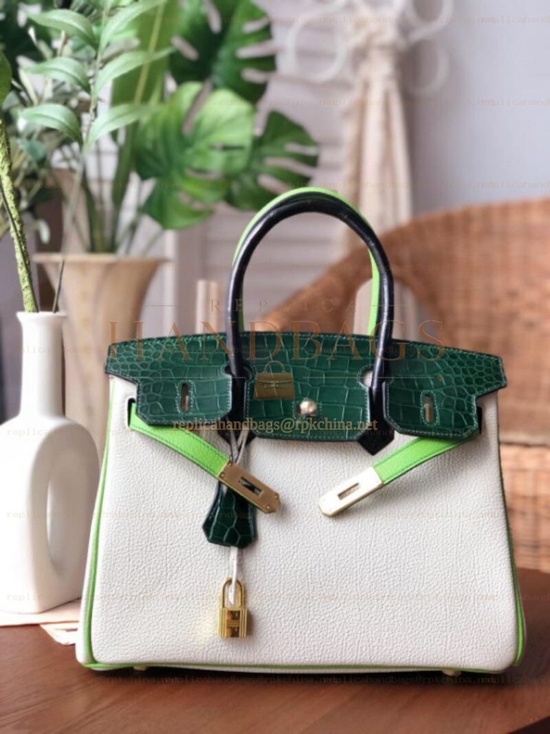 Replica Hermes White Dark Green Birkin 30 Crocodile Leather Trim Gold Hardware Bag