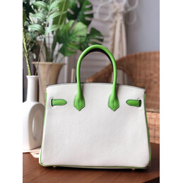 Replica Hermes White Dark Green Birkin 30 Crocodile Leather Trim Gold Hardware Bag