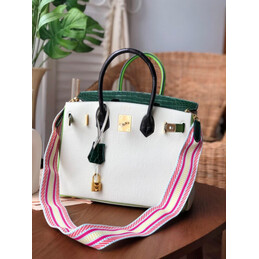 Replica Hermes White Dark Green Birkin 30 Crocodile Leather Trim Gold Hardware Bag