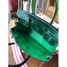 Replica Hermes White Dark Green Birkin 30 Crocodile Leather Trim Gold Hardware Bag