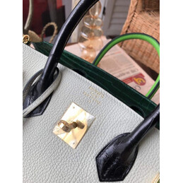 Replica Hermes White Dark Green Birkin 30 Crocodile Leather Trim Gold Hardware Bag
