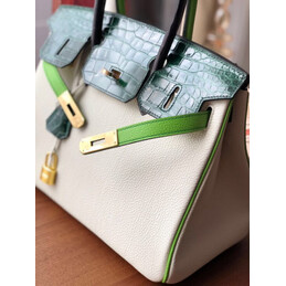 Replica Hermes White Dark Green Birkin 30 Crocodile Leather Trim Gold Hardware Bag