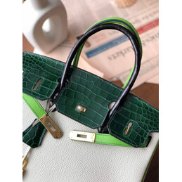 Replica Hermes White Dark Green Birkin 30 Crocodile Leather Trim Gold Hardware Bag