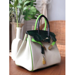 Replica Hermes White Dark Green Birkin 30 Crocodile Leather Trim Gold Hardware Bag