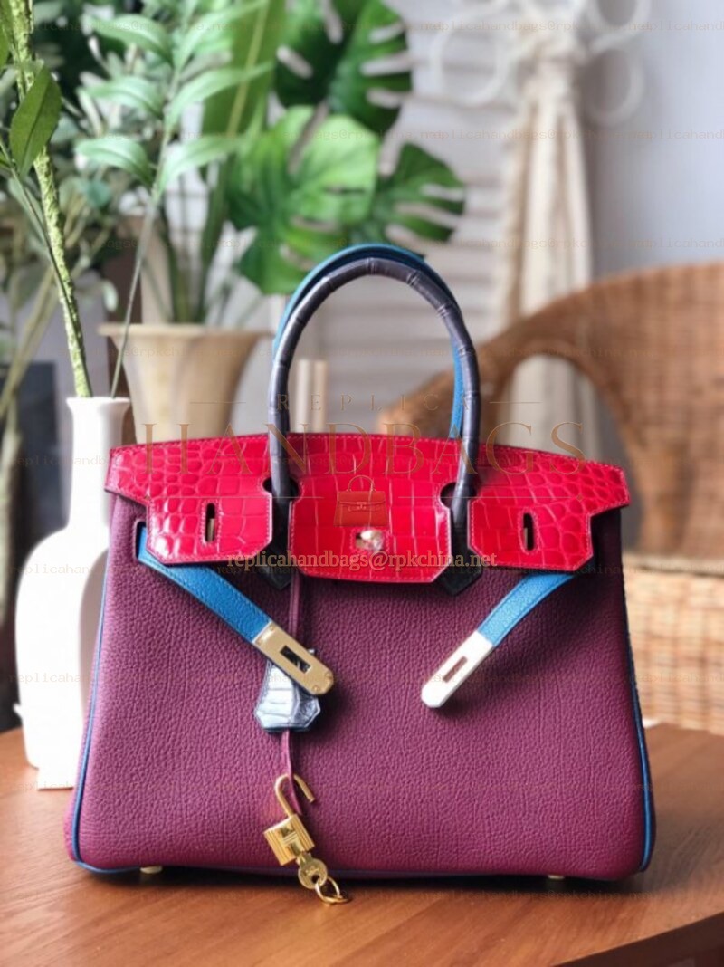 Replica Hermes Burgundy Red Birkin 30 Crocodile Leather Trim Gold Hardware Bag