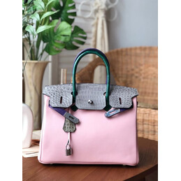 Replica Hermes Pink Gray Birkin 30 Crocodile Leather Trim Palladium Hardware Bag
