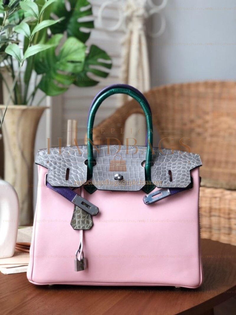 Replica Hermes Pink Gray Birkin 30 Crocodile Leather Trim Palladium Hardware Bag