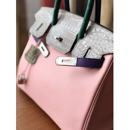 Replica Hermes Pink Gray Birkin 30 Crocodile Leather Trim Palladium Hardware Bag