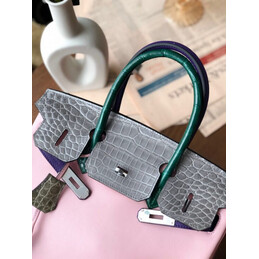 Replica Hermes Pink Gray Birkin 30 Crocodile Leather Trim Palladium Hardware Bag