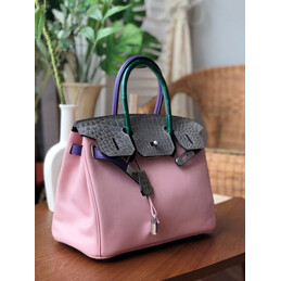 Replica Hermes Pink Gray Birkin 30 Crocodile Leather Trim Palladium Hardware Bag