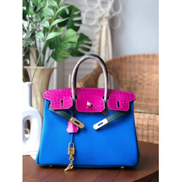 Replica Hermes Blue Fuchsia Birkin 30 Crocodile Leather Trim Gold Hardware Bag