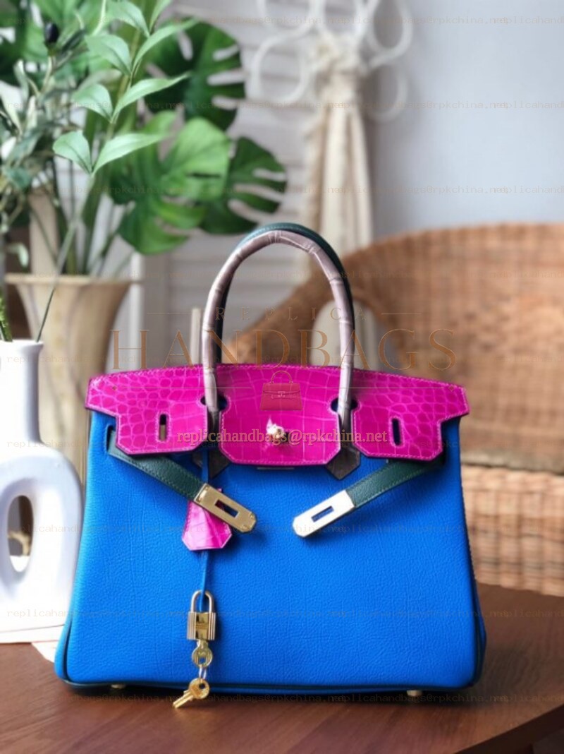 Replica Hermes Blue Fuchsia Birkin 30 Crocodile Leather Trim Gold Hardware Bag