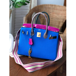 Replica Hermes Blue Fuchsia Birkin 30 Crocodile Leather Trim Gold Hardware Bag
