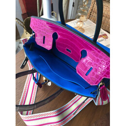 Replica Hermes Blue Fuchsia Birkin 30 Crocodile Leather Trim Gold Hardware Bag