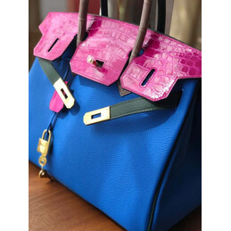 Replica Hermes Blue Fuchsia Birkin 30 Crocodile Leather Trim Gold Hardware Bag