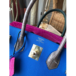 Replica Hermes Blue Fuchsia Birkin 30 Crocodile Leather Trim Gold Hardware Bag