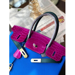 Replica Hermes Blue Fuchsia Birkin 30 Crocodile Leather Trim Gold Hardware Bag