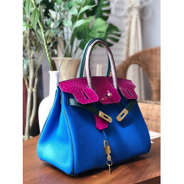 Replica Hermes Blue Fuchsia Birkin 30 Crocodile Leather Trim Gold Hardware Bag
