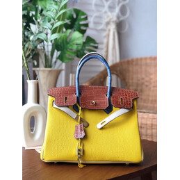 Replica Hermes Yellow Brown Birkin 30 Crocodile Leather Trim Gold Hardware Bag