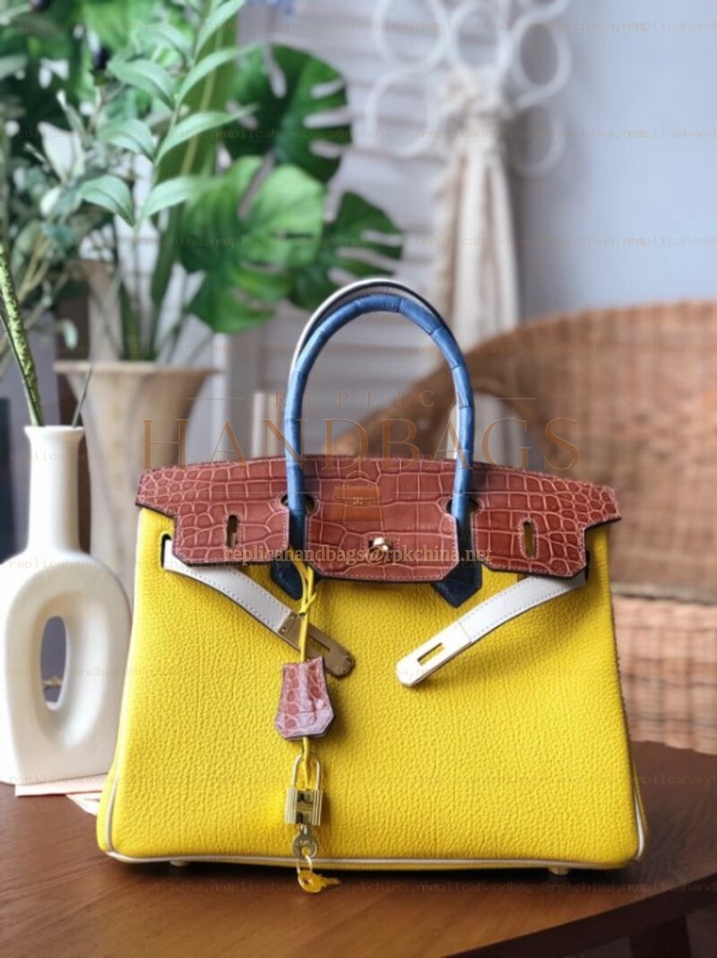 Replica Hermes Yellow Brown Birkin 30 Crocodile Leather Trim Gold Hardware Bag
