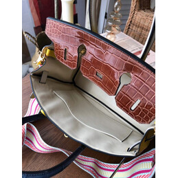Replica Hermes Yellow Brown Birkin 30 Crocodile Leather Trim Gold Hardware Bag