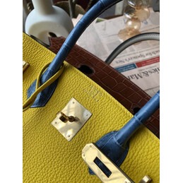 Replica Hermes Yellow Brown Birkin 30 Crocodile Leather Trim Gold Hardware Bag