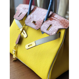 Replica Hermes Yellow Brown Birkin 30 Crocodile Leather Trim Gold Hardware Bag