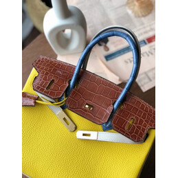 Replica Hermes Yellow Brown Birkin 30 Crocodile Leather Trim Gold Hardware Bag