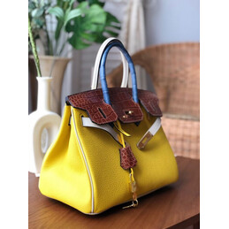 Replica Hermes Yellow Brown Birkin 30 Crocodile Leather Trim Gold Hardware Bag