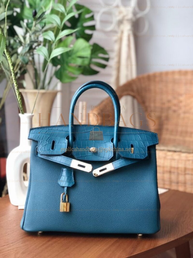 Replica Hermes Blue Birkin 30 Gold Hardware Bag