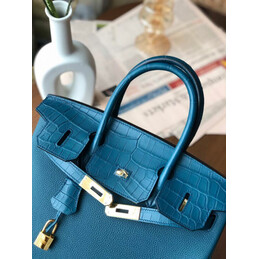 Replica Hermes Blue Birkin 30 Gold Hardware Bag
